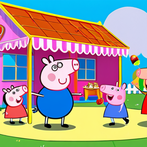 Home 11 **Prompt:** A brightly colored cartoon scene of Peppa Pig and her family (Mummy Pig, Daddy Pig, and George) happily playing together in a park. Children are laughing and enjoying themselves around them. The style should be simple, cheerful, and appealing to young children. Include a sense of Pakistani/Urdu cultural elements in the background, such as a traditional kite flying in the sky or a vendor selling colorful sweets.