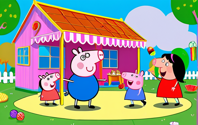 **Prompt:** A brightly colored cartoon scene of Peppa Pig and her family (Mummy Pig, Daddy Pig, and George) happily playing together in a park. Children are laughing and enjoying themselves around them. The style should be simple, cheerful, and appealing to young children. Include a sense of Pakistani/Urdu cultural elements in the background, such as a traditional kite flying in the sky or a vendor selling colorful sweets.