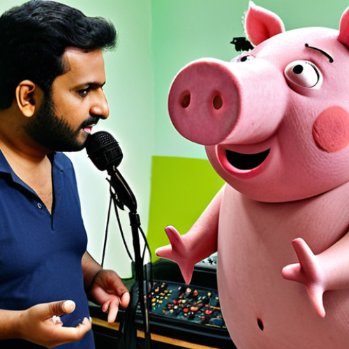 Home 6 Peppa Pig Urdu Dubbing Team**
A behind-the-scenes shot of an Urdu dubbing team for Peppa Pig. The director is guiding the voice actors, who are enthusiastically voicing the characters in a recording studio. Show microphones, scripts, and the characters like Peppa, George, Mummy Pig, and Daddy Pig. Focus on the collaborative and creative atmosphere.
**