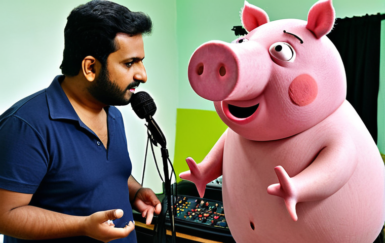 Peppa Pig Urdu Dubbing Team**
A behind-the-scenes shot of an Urdu dubbing team for Peppa Pig. The director is guiding the voice actors, who are enthusiastically voicing the characters in a recording studio. Show microphones, scripts, and the characters like Peppa, George, Mummy Pig, and Daddy Pig. Focus on the collaborative and creative atmosphere.
**