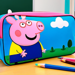 **Peppa Pig Pencil Case:** A brightly colored Peppa Pig pencil case on a school desk, filled with pencils and crayons.  Background: a tidy classroom. Style: Illustration, cartoon style, vibrant colors, safe for work, appropriate content, fully clothed, professional. Perfect anatomy, correct proportions, natural pose.