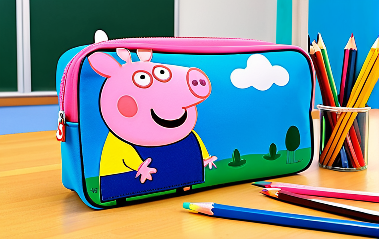**Peppa Pig Pencil Case:** A brightly colored Peppa Pig pencil case on a school desk, filled with pencils and crayons. Background: a tidy classroom. Style: Illustration, cartoon style, vibrant colors, safe for work, appropriate content, fully clothed, professional. Perfect anatomy, correct proportions, natural pose.