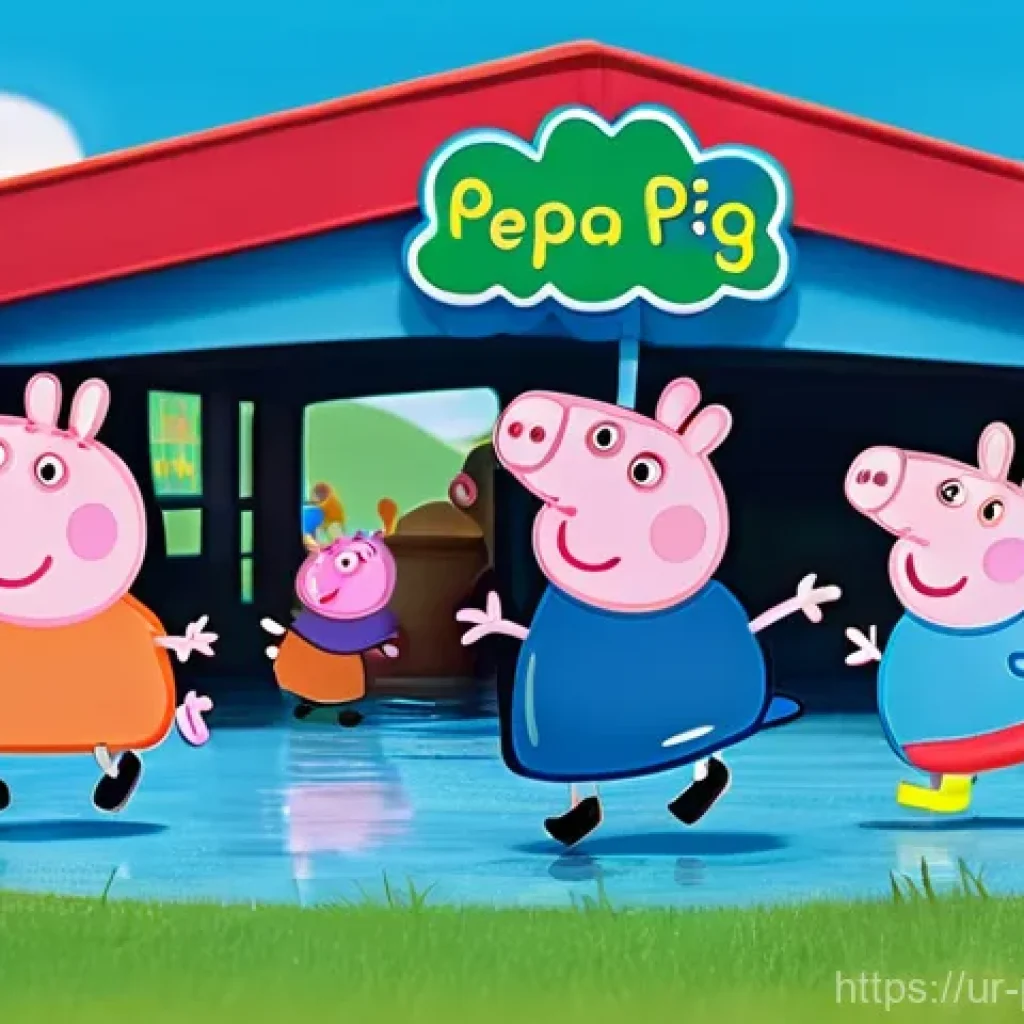 페파피그 전용 테마파크 소개 - **Prompt:** A vibrant, cheerful scene at the Peppa Pig theme park's "Muddy Puddles" area. Peppa Pig ...