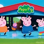 페파피그 전용 테마파크 소개 - **Prompt:** A vibrant, cheerful scene at the Peppa Pig theme park's "Muddy Puddles" area. Peppa Pig ...