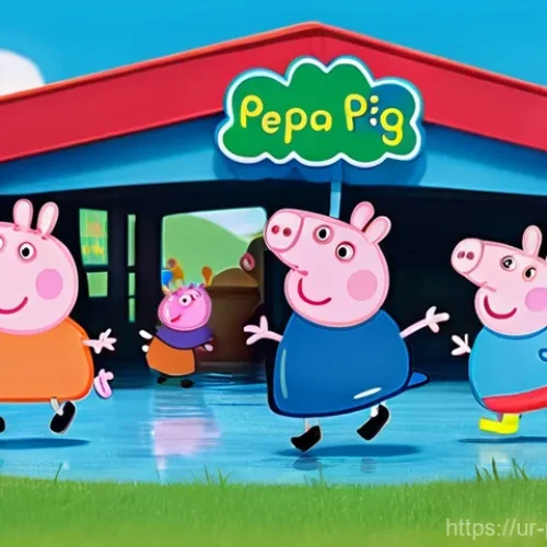 페파피그 전용 테마파크 소개 - **Prompt:** A vibrant, cheerful scene at the Peppa Pig theme park's "Muddy Puddles" area. Peppa Pig ...