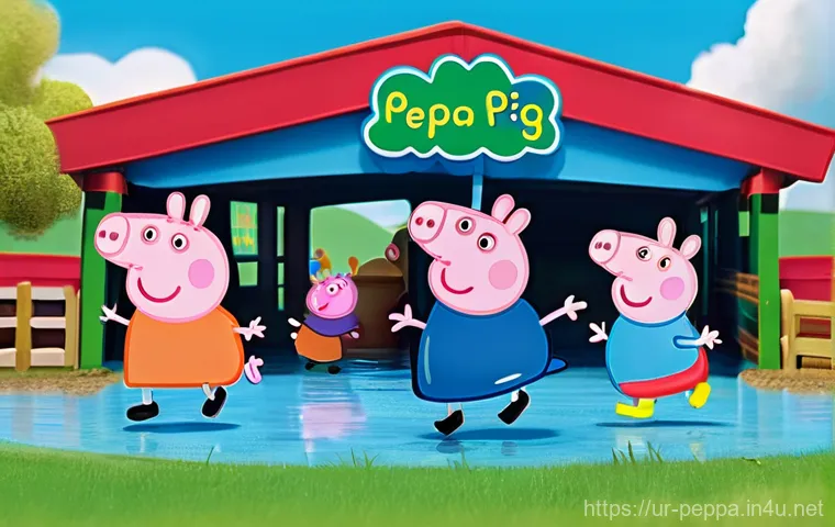 페파피그 전용 테마파크 소개 - **Prompt:** A vibrant, cheerful scene at the Peppa Pig theme park's "Muddy Puddles" area. Peppa Pig ...