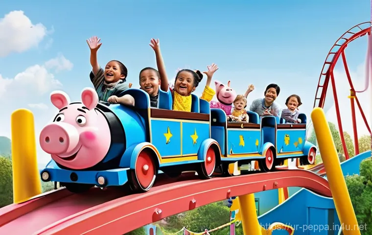 페파피그 전용 테마파크 소개 - **Prompt:** A vibrant, cheerful scene at the Peppa Pig theme park's "Muddy Puddles" area. Peppa Pig ...