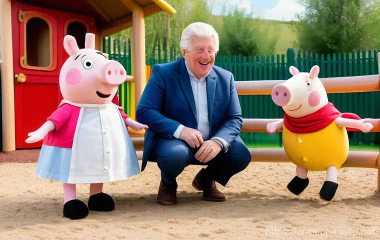 페파피그 전용 테마파크 소개 - **Prompt:** A lively and exciting view of children and their parents enjoying "Daddy Pig's Roller Co...